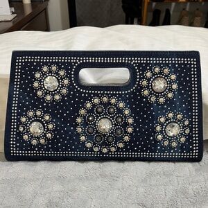 Embellished Navy Clutch with Crystal Accents